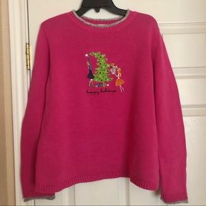Christopher & Banks pink Christmas sweater with gray trim on neck and sleeves.